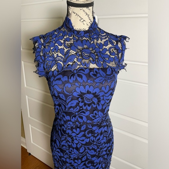 ELIZA J MOCK NECK OPEN BACK MERMAID GOWN BLUE BLACK - Picture 7 of 11